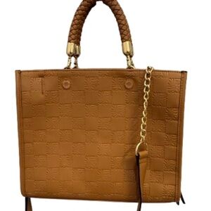 Sam Edelman Tan Braided-Handle Structured Tote with Gold Chain